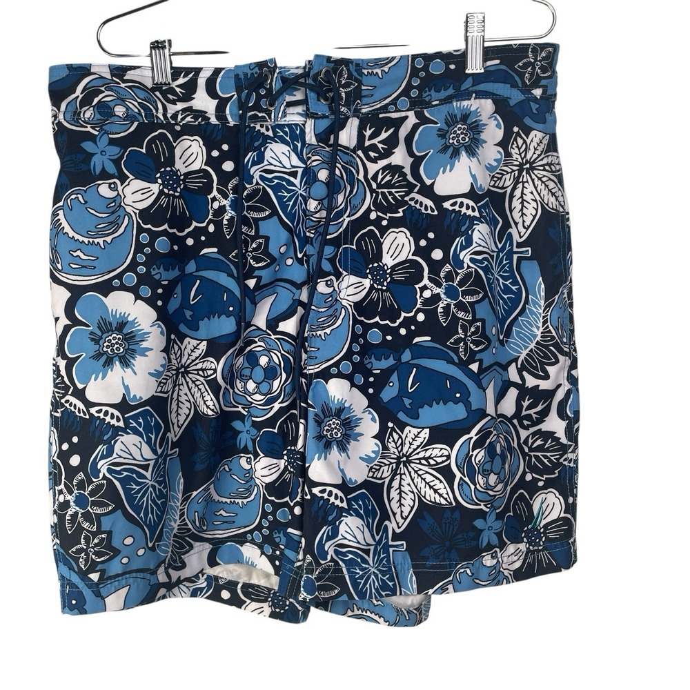 Nautica Mens Blue Tropical Hawaiian Floral Lined Swim Trunks Bathing Suit Size L